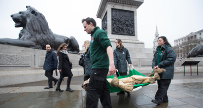 Lifelike lion startles commuters